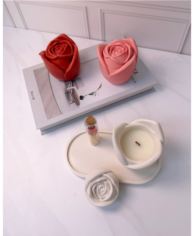 kit Vela Aromática e Bandeja Artesanal – Pote Floral Rosa