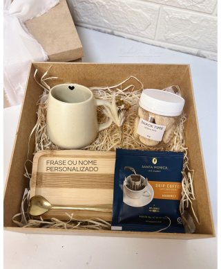 Kit Presente Xícara Bojuda  com Pires Bambu Personalizado