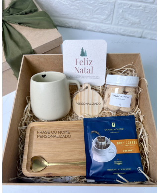 Kit Natal Xícara Bojuda com Pires Bambu e Enfeite Personalizado
