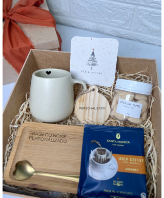 Kit Natal Xícara Bojuda com Pires Bambu e Enfeite Personalizado